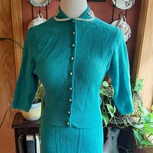 1950s Beaded Teal Knit Set